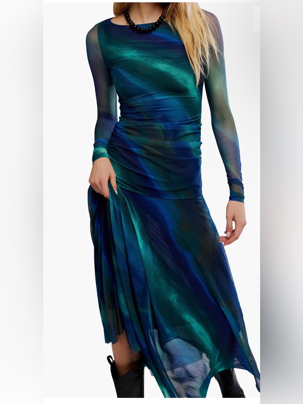 Free People Teal & Navy Long Sleeve Draped Mesh Dress